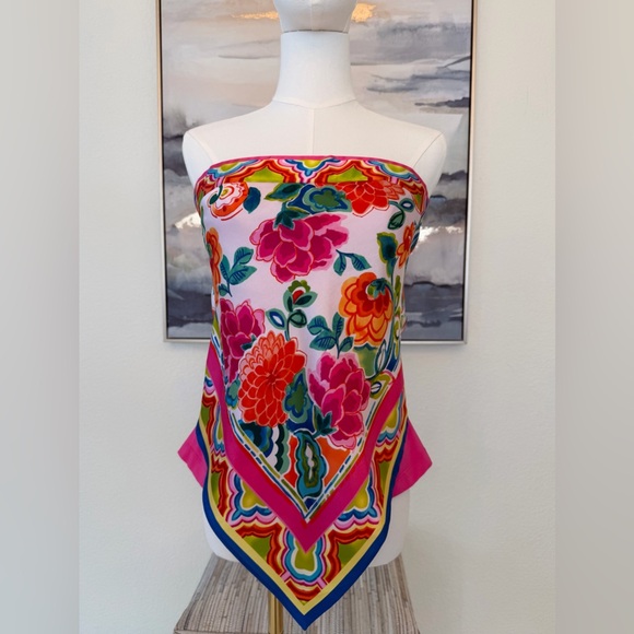 Caché Y2K Silk Scarf/Handkerchief Print Strapless Top Floral Bandana Hem - Picture 3 of 16